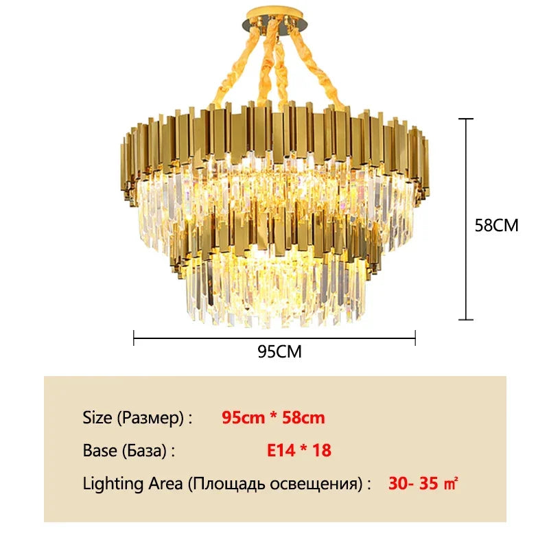 Luxury Modern Gold LED Chandelier K9 Crystal Tricolor Pendant Light for Interior Ceiling Dining & Living Room Bedroom