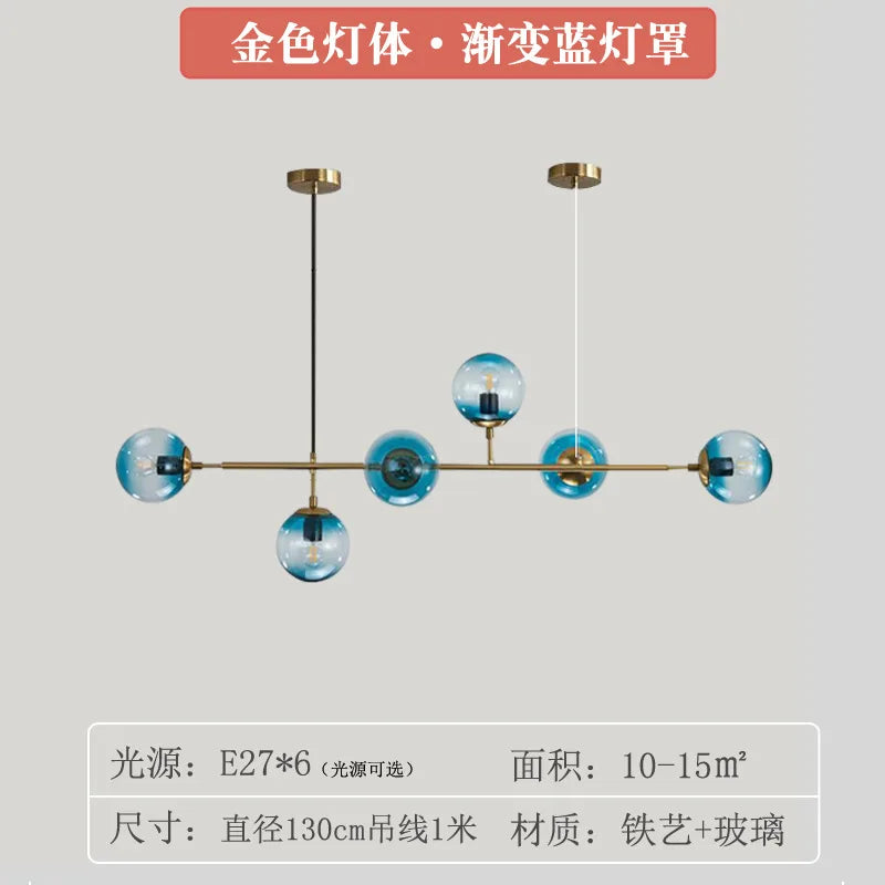 Modern Globe Linear Chandelier 6-Light Milk Glass Pendant Fixture Mid-Century Sputnik Island Lighting