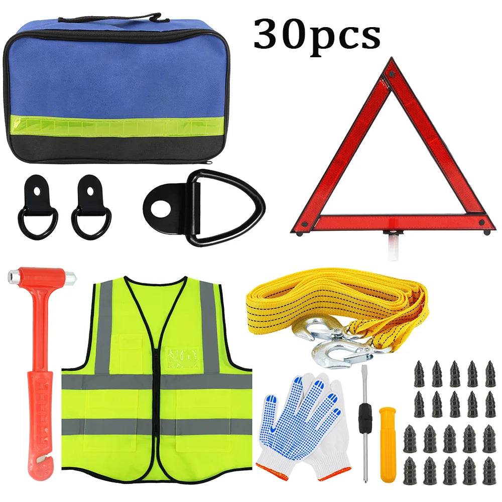 Car Emergency Roadside Assistance Kit - Jumper Cable, Tow Strap & First Aid Supplies for Motorists