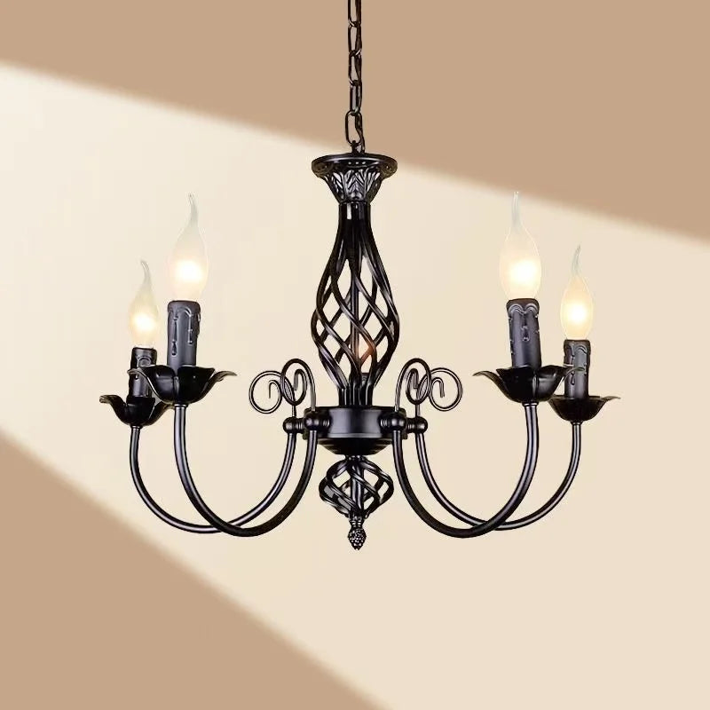 European Style Black Iron Chandelier, E14 Bulb LED Lamp, Indoor Restaurant Aisle Ceiling Lustre Lighting