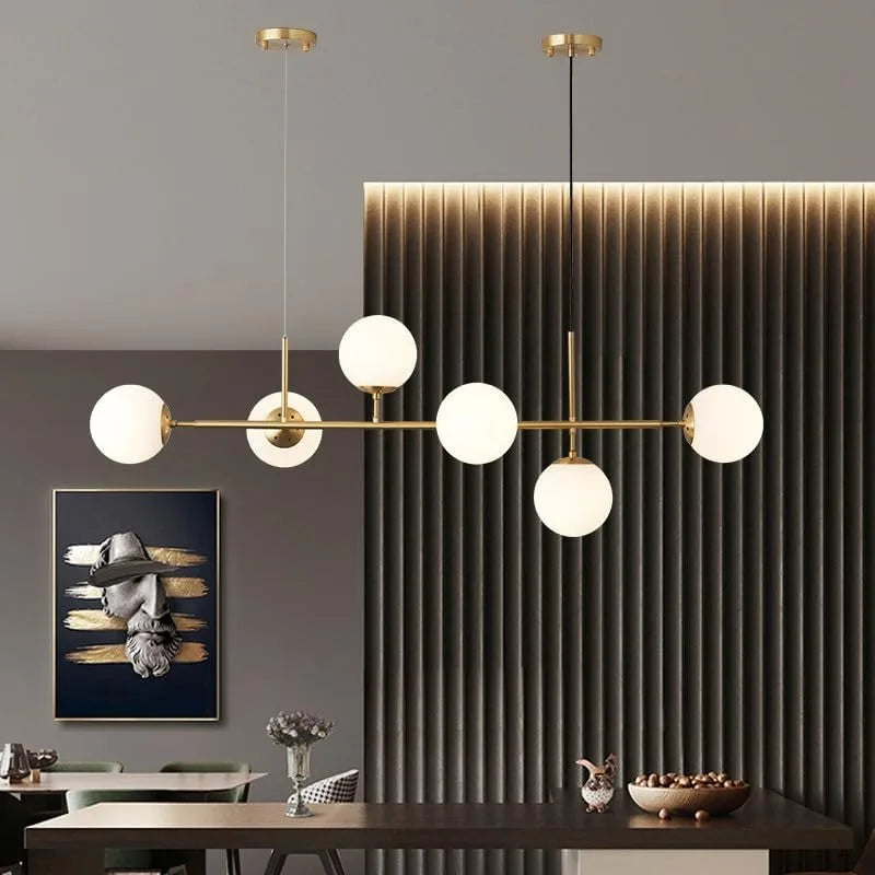 Modern Globe Linear Chandelier 6-Light Milk Glass Pendant Fixture Mid-Century Sputnik Island Lighting