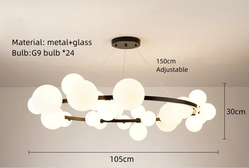 Clear White Glass Ball Chandelier, Adjustable Cord Suspension Lamp for Parlor Dining Room Bedroom with G9 Bulb