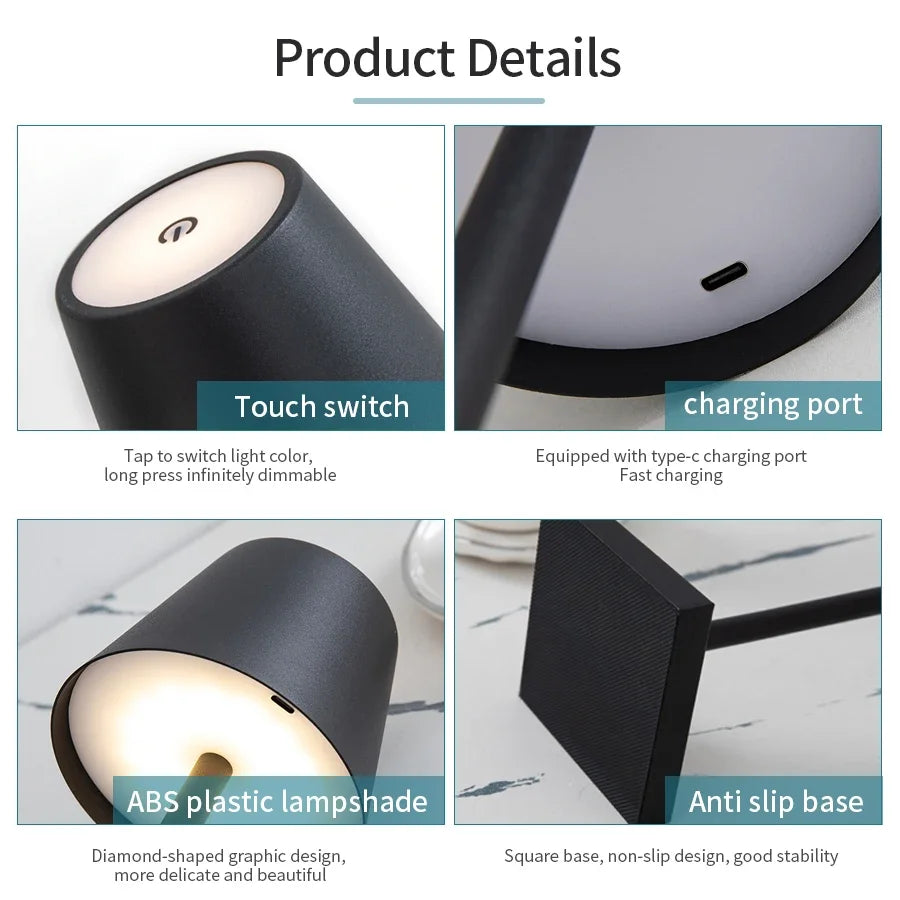 LED Desk Lamp USB Rechargeable Wireless Touch 3-Color Desktop Night Light for Bar Restaurant Creative Ambient Decor