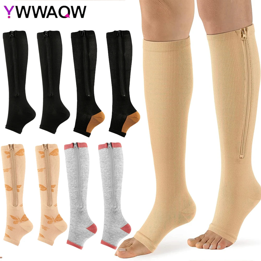 Zipper Compression Socks for Women and Men - Calf Knee High 15-20mmHg Open Toe Compression Stockings for Walking