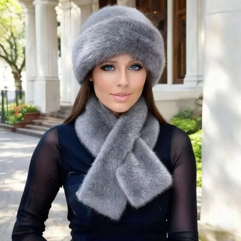 Luxury Faux Fur Hat & Scarf Set Warm Elegant Versatile Winter Wear for Cold Commute High-End Holiday Party