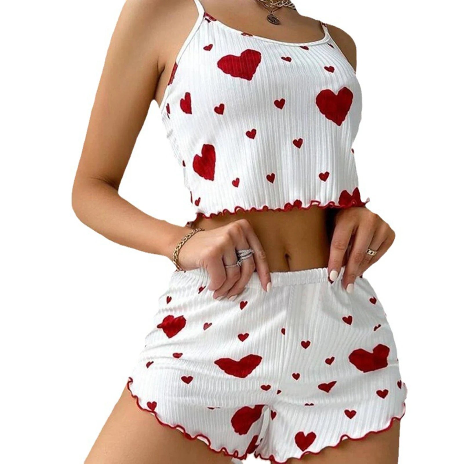 Women's Pajamas Set Sleepwear - White Short Tank Top and Shorts, Soft Breathable Casual Sleepwear with Print