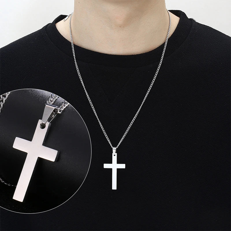 Stainless Steel Cross Pendant Necklace with Link Chain, Punk Hip Hop Jewelry Gift for Men & Women
