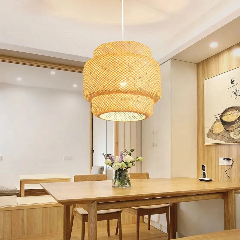 Modern Hand Woven Bamboo Pendant Light Art Chandelier Lantern for Dining Room and Bedroom