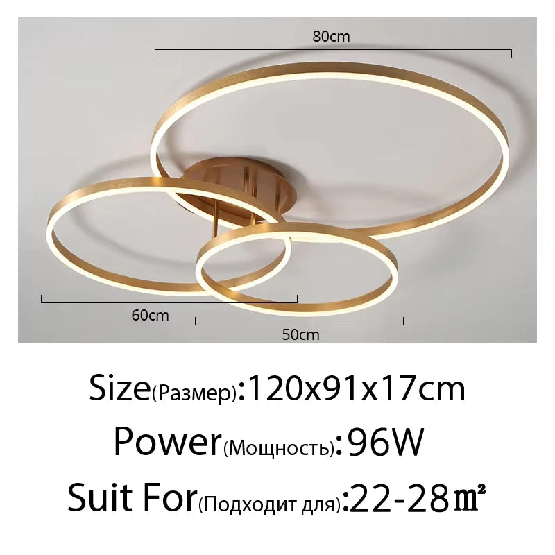 Household Gold LED Chandelier 3-Ring Metal Lamp for Bedroom Living & Dining Room Brown Glossy Indoor Home Lighting