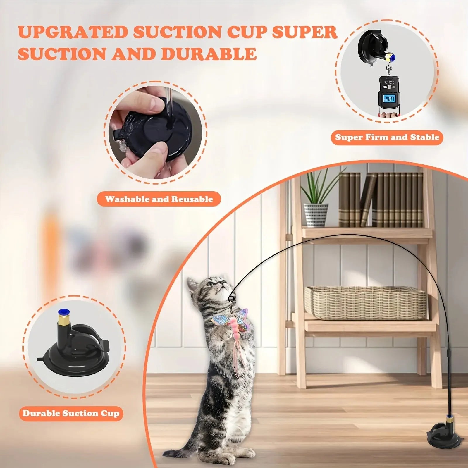 Interactive Cat Teaser Toy with Bell & Feather Wand, Long Suction Cup Pole for Playtime
