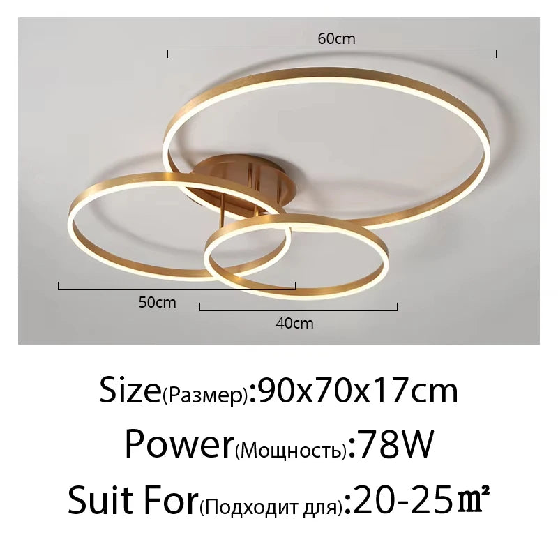Household Gold LED Chandelier 3-Ring Metal Lamp for Bedroom Living & Dining Room Brown Glossy Indoor Home Lighting