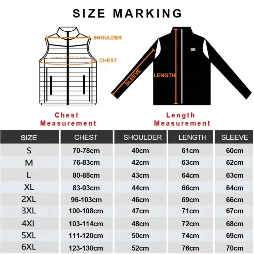 USB Self Heating Jacket for Men and Women Warm Vest Heated Coat Ski Camping Hiking Winter Cotton Clothing