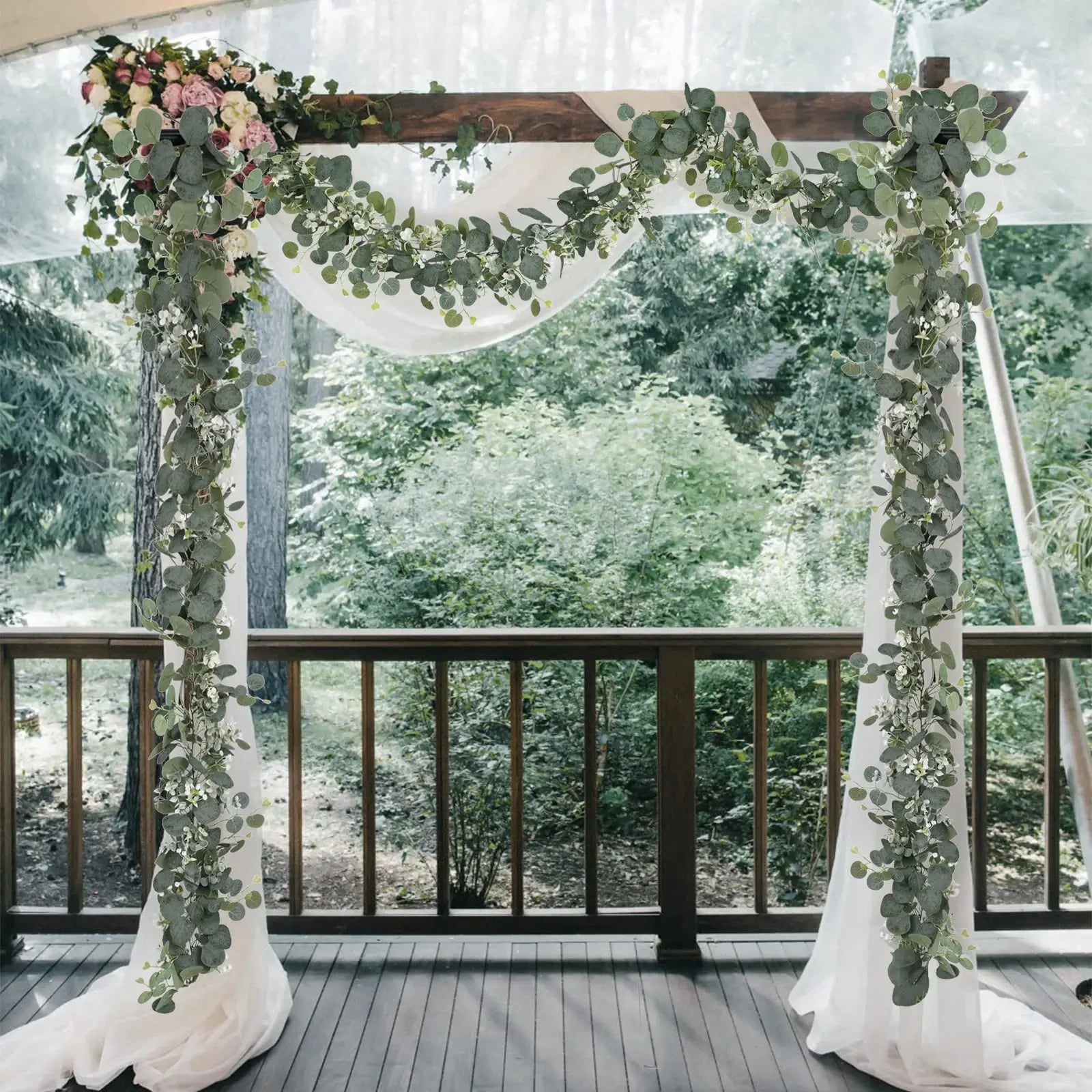 Artificial Eucalyptus Leaves Greenery Garland Faux Plant Spring Vines with White Flowers and Berries for Wedding Home Party Decor