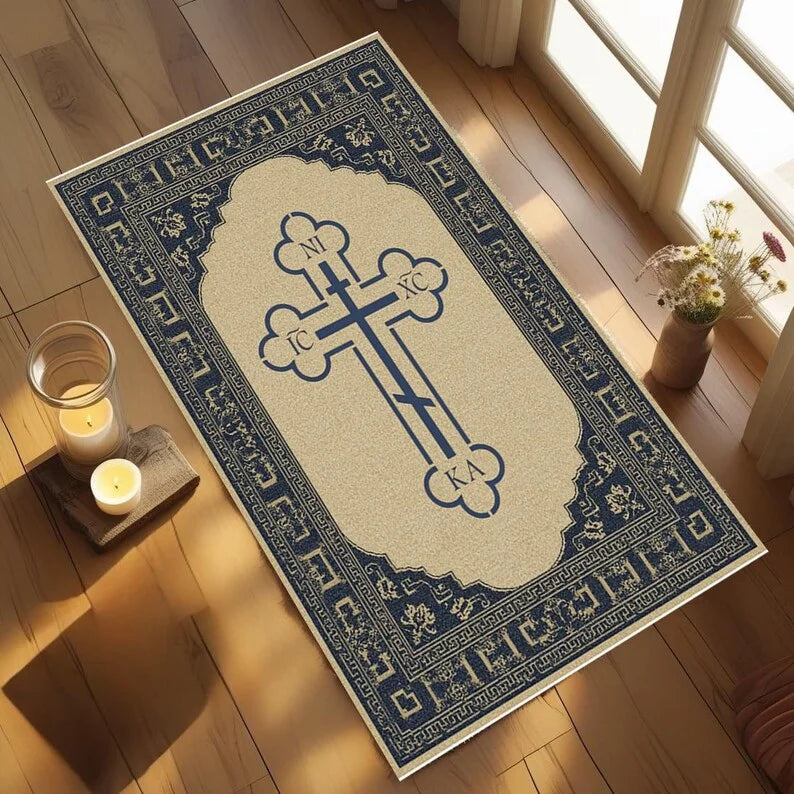 Classical Greek Key Orthodox Cross Area Rug, Christian Prayer Mat for Bedroom Home Decor