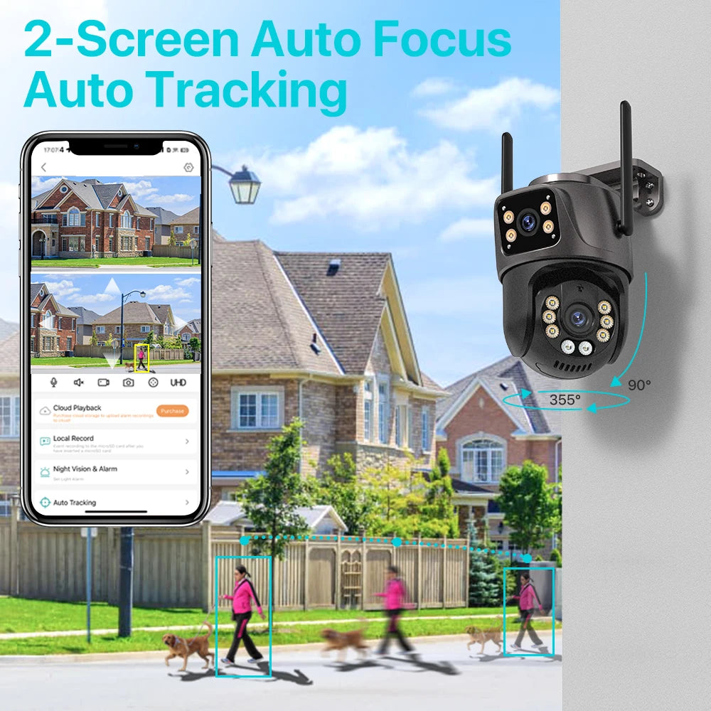 4K 8MP HD WiFi PTZ Camera Outdoor Dual Lens Dual Screen AI Auto Tracking IP CCTV Camera Audio Video Surveillance P2P iCSee