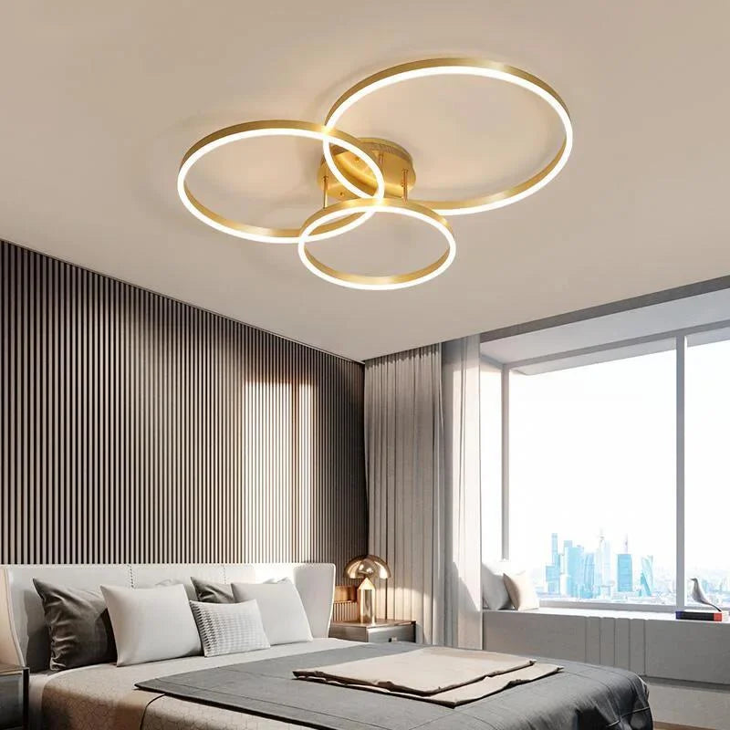 Household Gold LED Chandelier 3-Ring Metal Lamp for Bedroom Living & Dining Room Brown Glossy Indoor Home Lighting