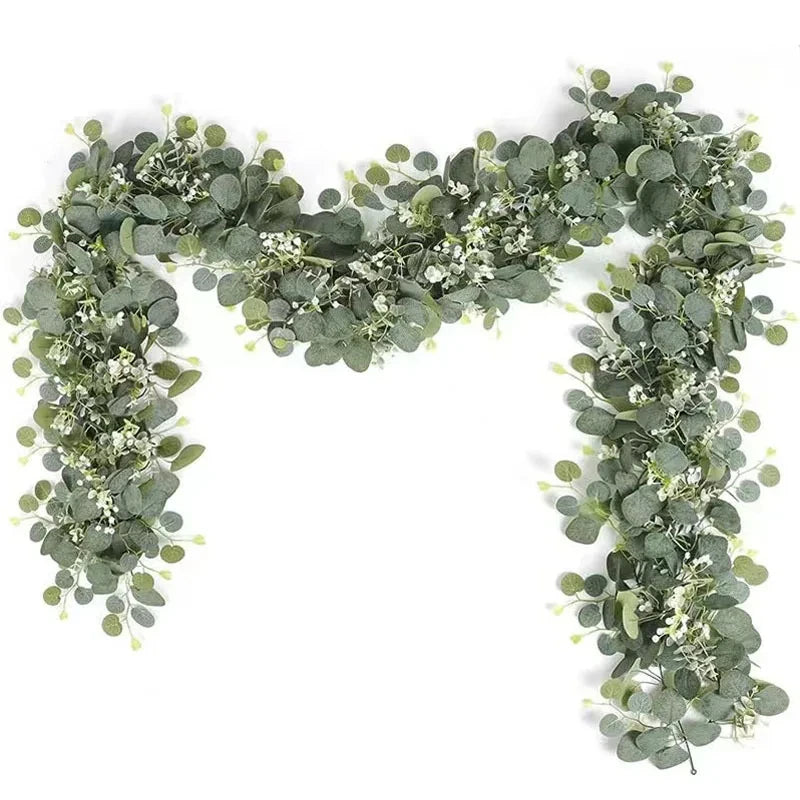 Artificial Eucalyptus Leaves Greenery Garland Faux Plant Spring Vines with White Flowers and Berries for Wedding Home Party Decor