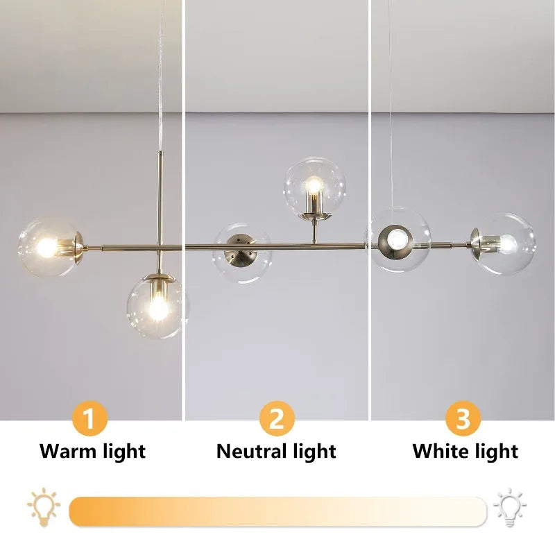Modern Globe Linear Chandelier 6-Light Milk Glass Pendant Fixture Mid-Century Sputnik Island Lighting