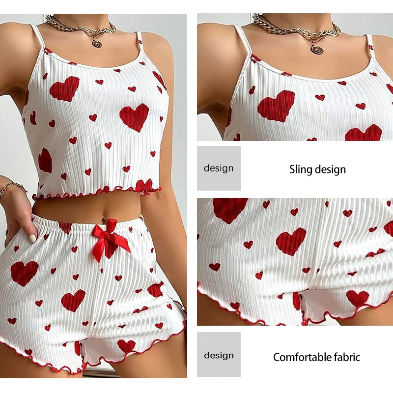 Women's Pajamas Set Sleepwear - White Short Tank Top and Shorts, Soft Breathable Casual Sleepwear with Print