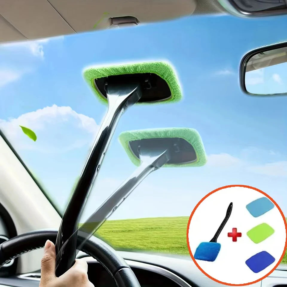 Car Window Cleaner Brush Kit with Long Handle, Windshield & Interior Auto Glass Cleaning Tool