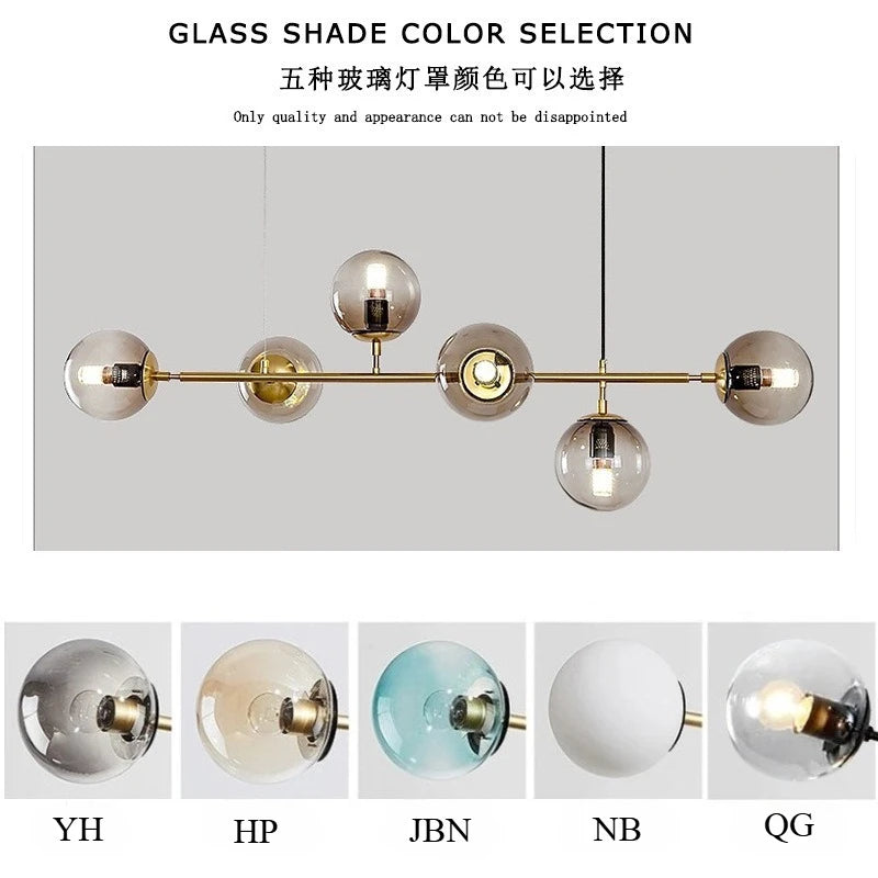 Modern Globe Linear Chandelier 6-Light Milk Glass Pendant Fixture Mid-Century Sputnik Island Lighting