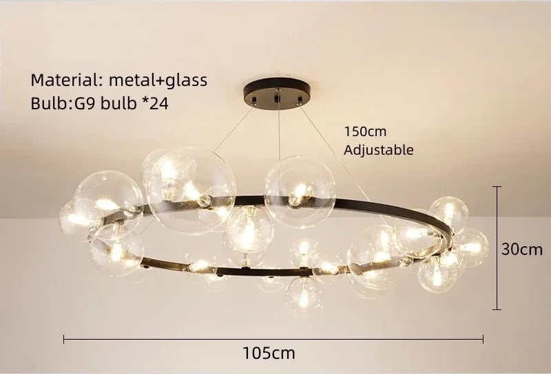 Clear White Glass Ball Chandelier, Adjustable Cord Suspension Lamp for Parlor Dining Room Bedroom with G9 Bulb