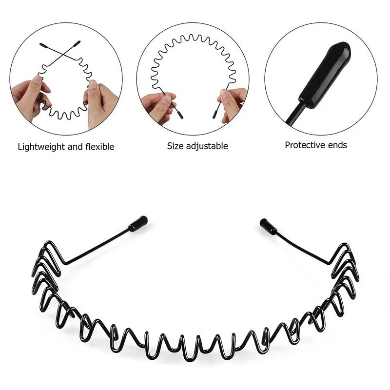 Unisex Black Metal Wavy Headband - Invisible Non-Slip Sports Hairband and Bangs Holder Hair Accessory