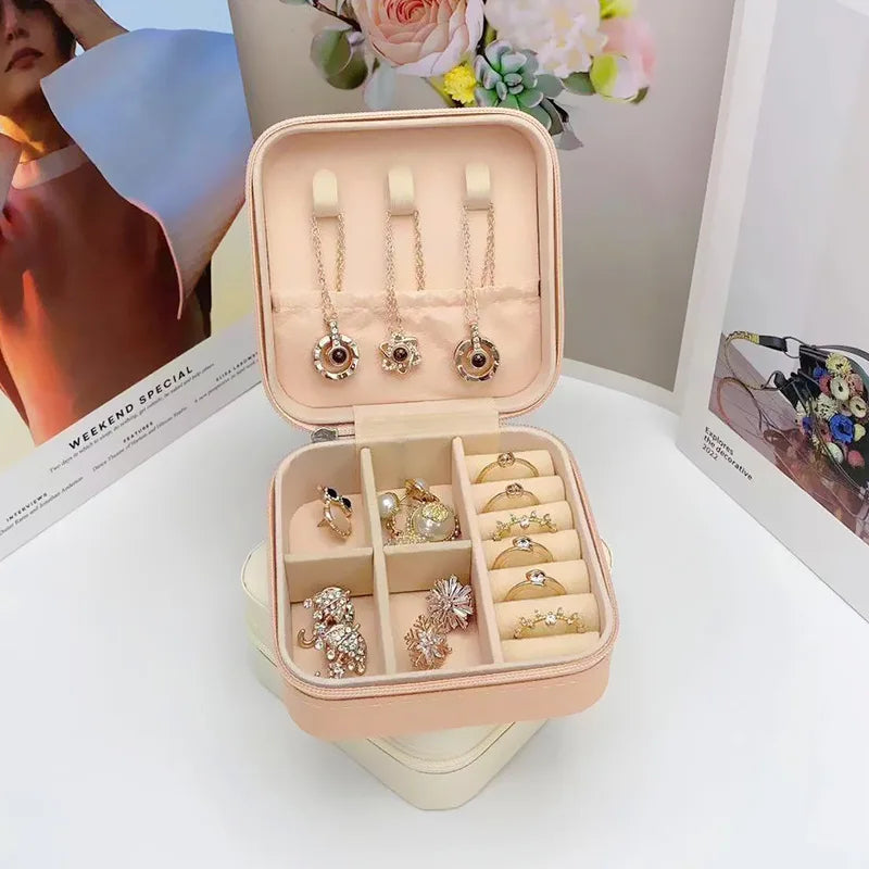 Portable Palm Jewelry Box - Zipper Flip Cover Ring and Earring Storage Box for Travel and Pearls