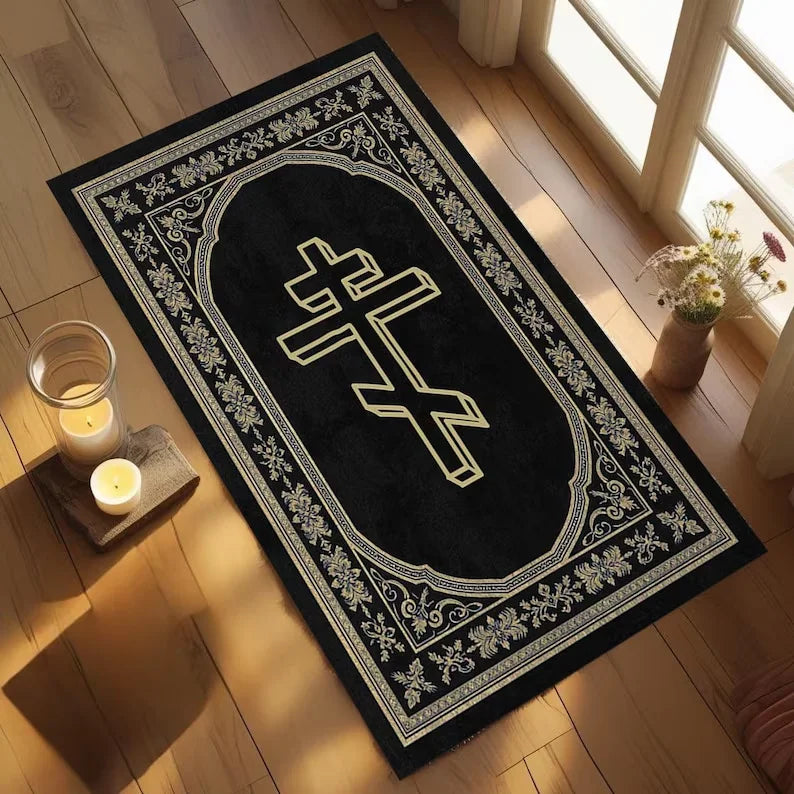 Classical Greek Key Orthodox Cross Area Rug, Christian Prayer Mat for Bedroom Home Decor
