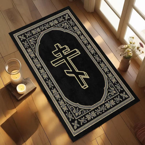 Classical Greek Key Orthodox Cross Area Rug, Christian Prayer Mat for Bedroom Home Decor