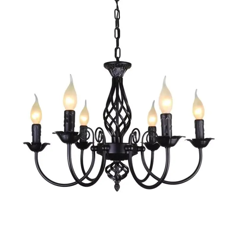 European Style Black Iron Chandelier, E14 Bulb LED Lamp, Indoor Restaurant Aisle Ceiling Lustre Lighting