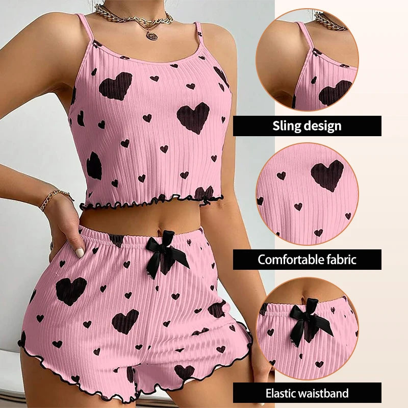 Women's Pajamas Set Sleepwear - White Short Tank Top and Shorts, Soft Breathable Casual Sleepwear with Print