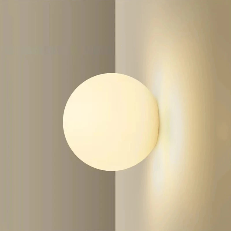 Concealed Base Glass Wall Lamp - French Bauhaus Milky White Round Ball Light for Bedside & Bathroom Mirror