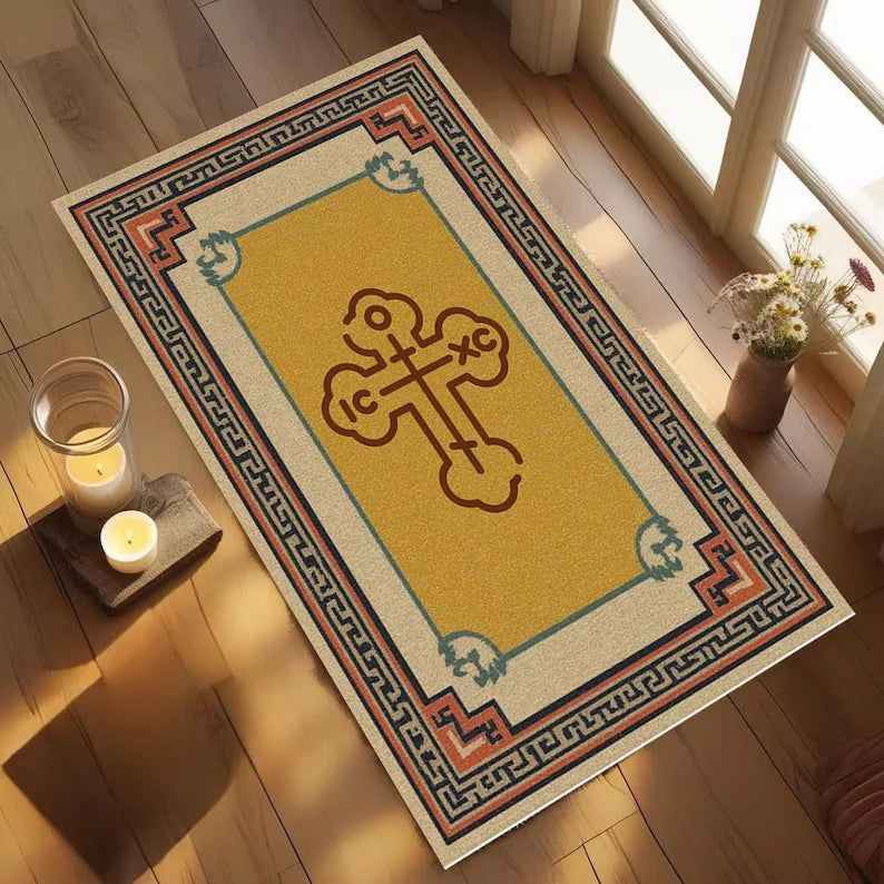 Classical Greek Key Orthodox Cross Area Rug, Christian Prayer Mat for Bedroom Home Decor