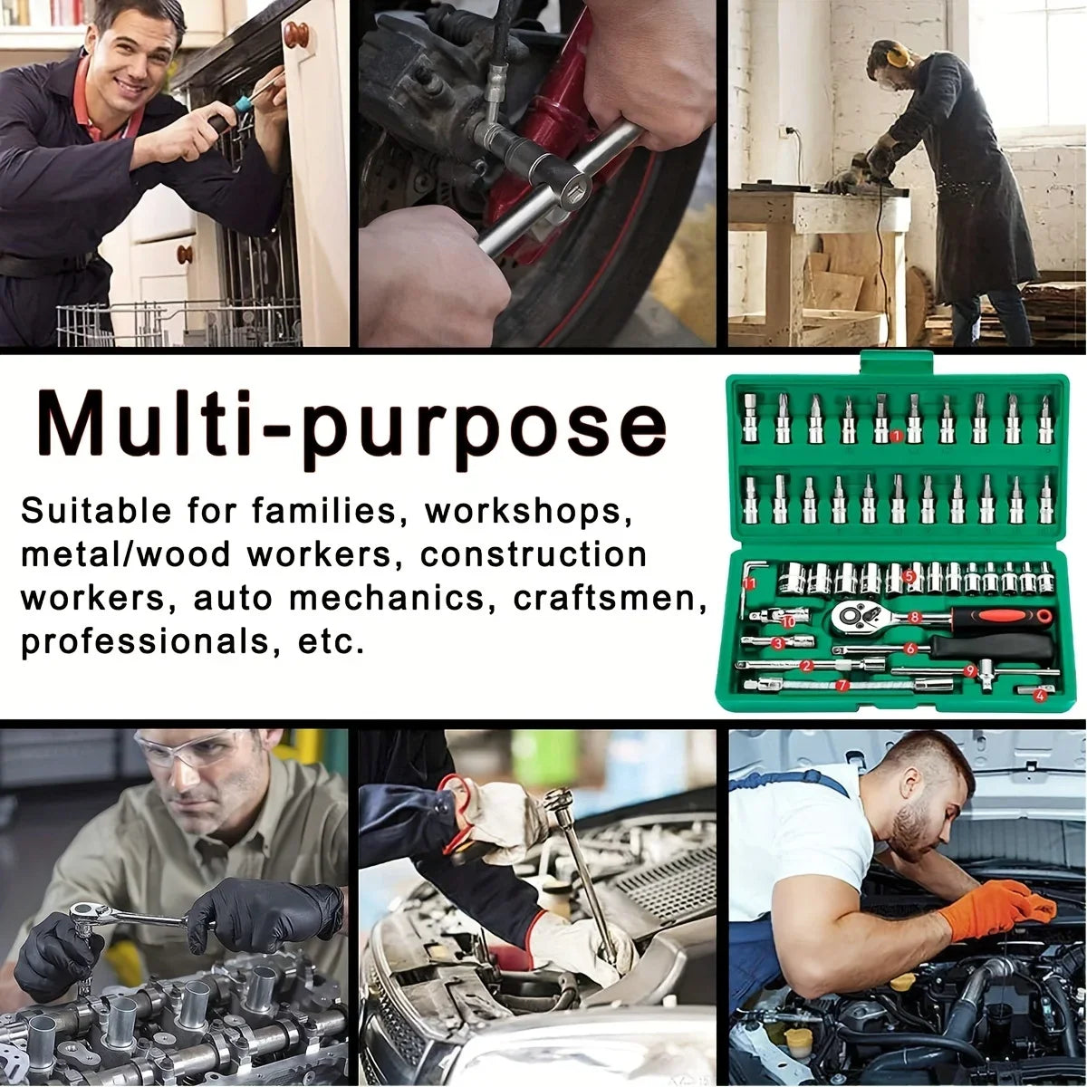 Family Mechanic Tool Kit for Auto Repair Household with Sockets Metric Hex Bit Socket Set Ratchet Wrench