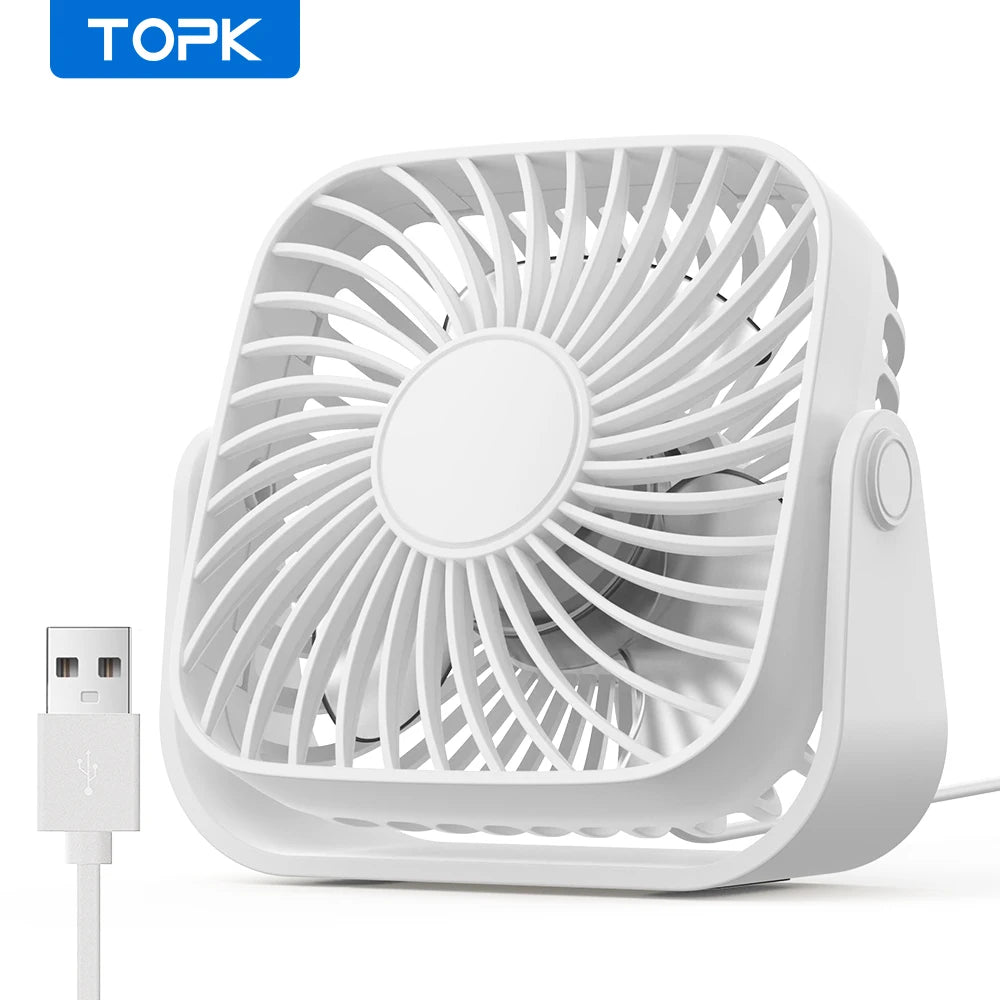 TOPK 4-Inch USB Mini Portable Fan for Camping - 3-Speed Quiet Desk Table Personal Fan with 360° Adjustment for Home