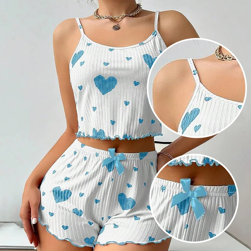 Women's Pajamas Set Sleepwear - White Short Tank Top and Shorts, Soft Breathable Casual Sleepwear with Print