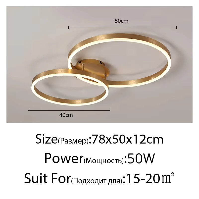 Household Gold LED Chandelier 3-Ring Metal Lamp for Bedroom Living & Dining Room Brown Glossy Indoor Home Lighting
