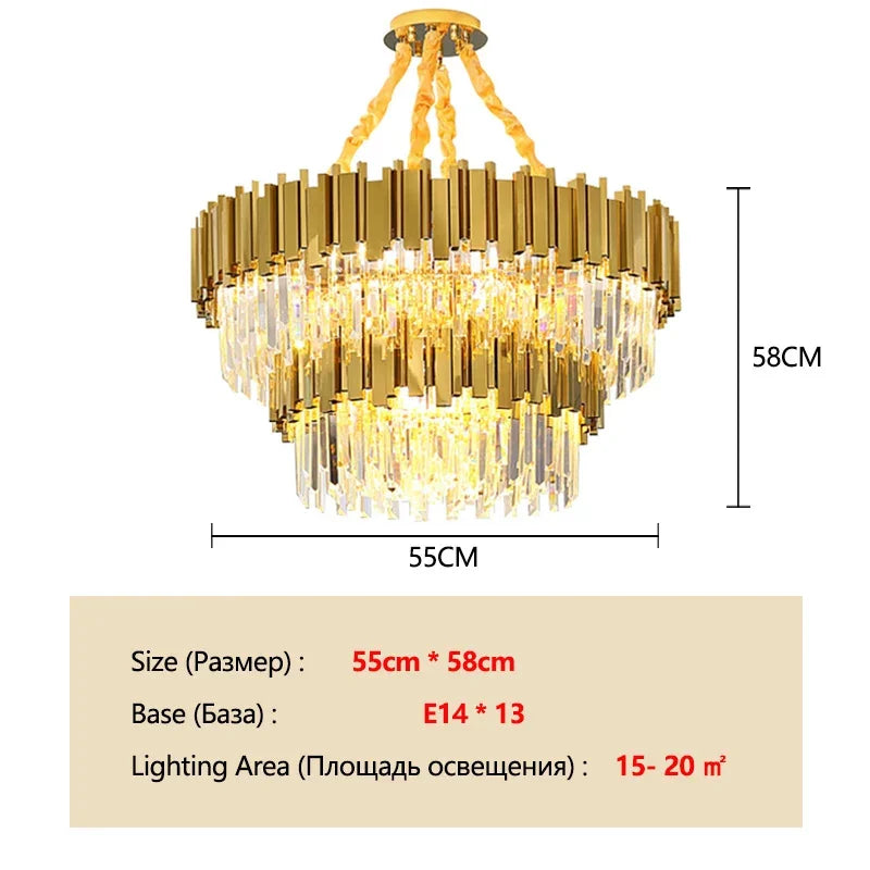 Luxury Modern Gold LED Chandelier K9 Crystal Tricolor Pendant Light for Interior Ceiling Dining & Living Room Bedroom