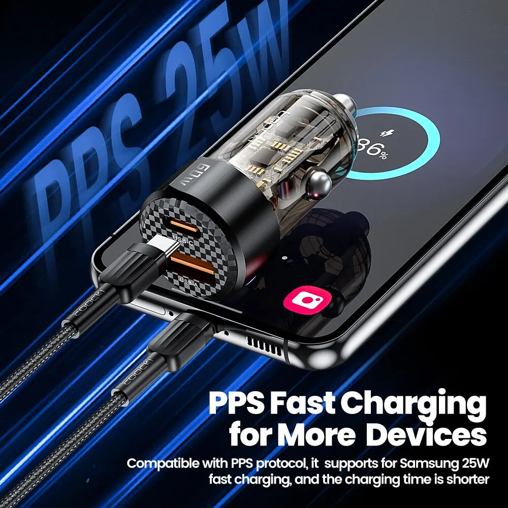 Toocki 60W Car Charger - Transparent PD 27W Fast Charger for iPhone 15/14/13/12, Xiaomi, Poco and Samsung