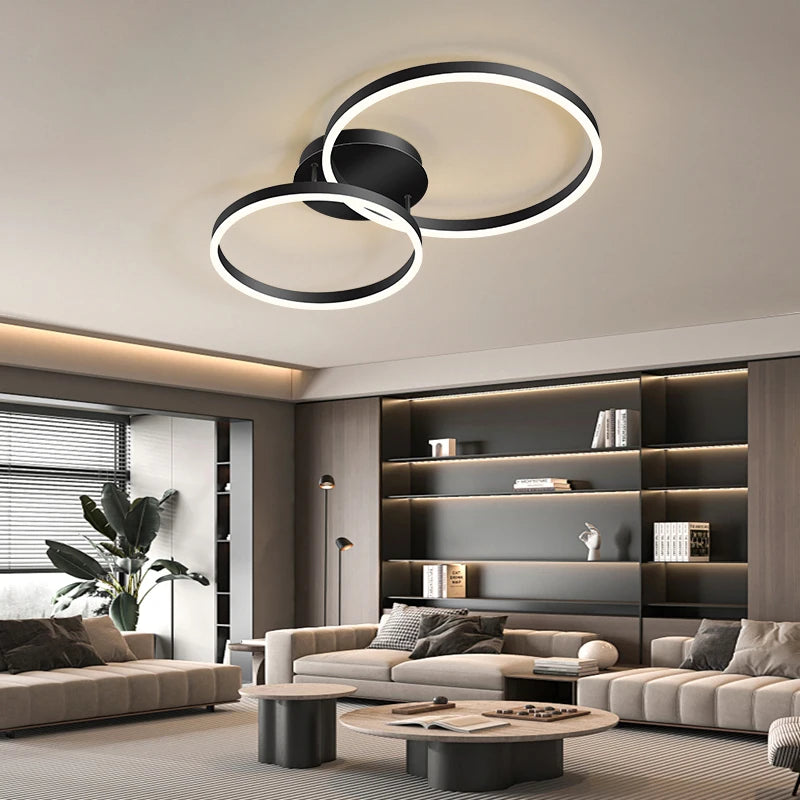 Household Gold LED Chandelier 3-Ring Metal Lamp for Bedroom Living & Dining Room Brown Glossy Indoor Home Lighting