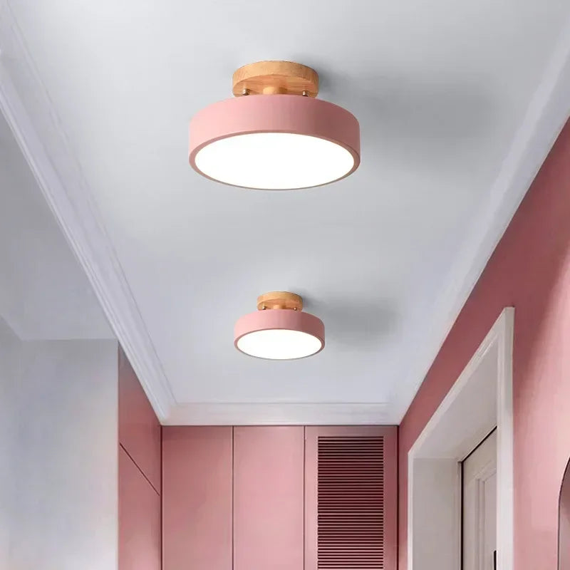 Nordic Industrial Round Wood Ceiling Lamp for Entrance, Hallway, Balcony, Cloakroom & Bedroom