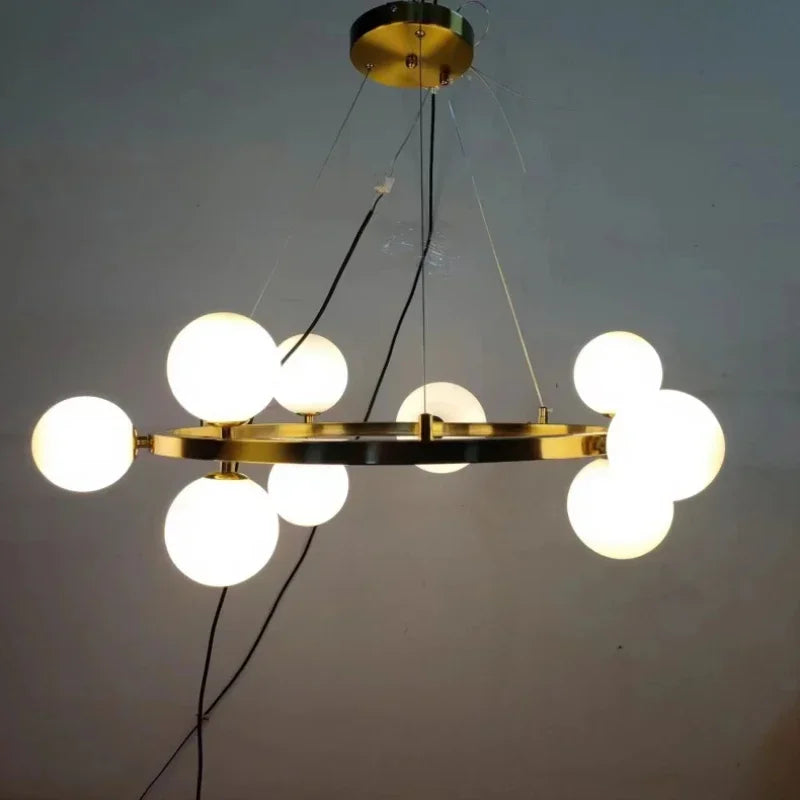 Clear White Glass Ball Chandelier, Adjustable Cord Suspension Lamp for Parlor Dining Room Bedroom with G9 Bulb