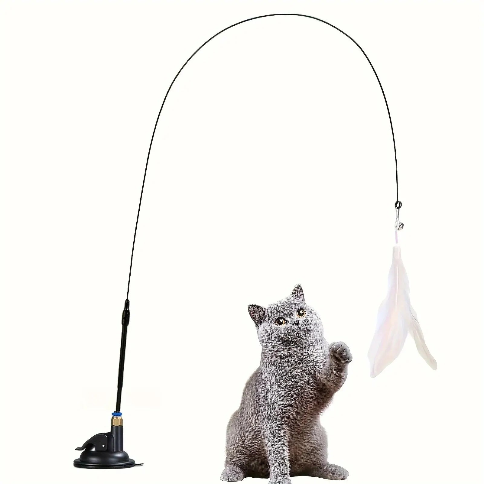 Interactive Cat Teaser Toy with Bell & Feather Wand, Long Suction Cup Pole for Playtime