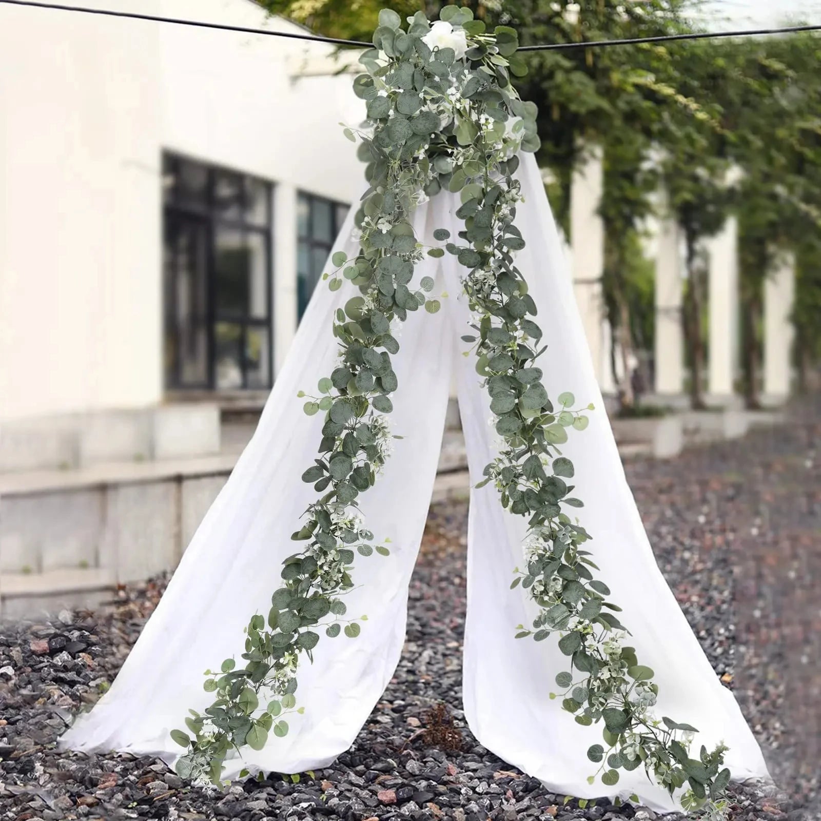 Artificial Eucalyptus Leaves Greenery Garland Faux Plant Spring Vines with White Flowers and Berries for Wedding Home Party Decor