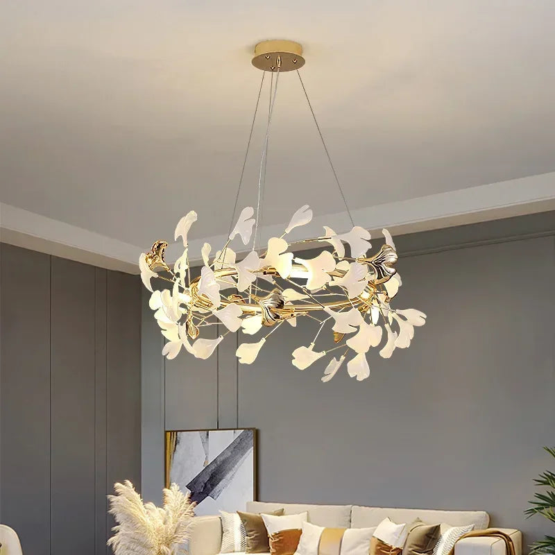 Luxury Ginkgo LED Chandelier Lustre Pendant Light for Living Dining Room Hotel Bar Hanging Fixture Decor