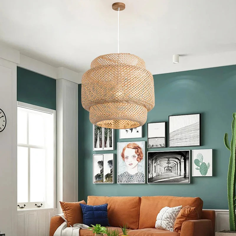 Modern Hand Woven Bamboo Pendant Light Art Chandelier Lantern for Dining Room and Bedroom