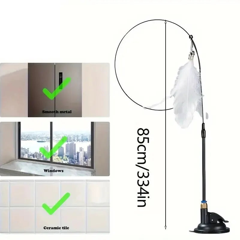 Interactive Cat Teaser Toy with Bell & Feather Wand, Long Suction Cup Pole for Playtime