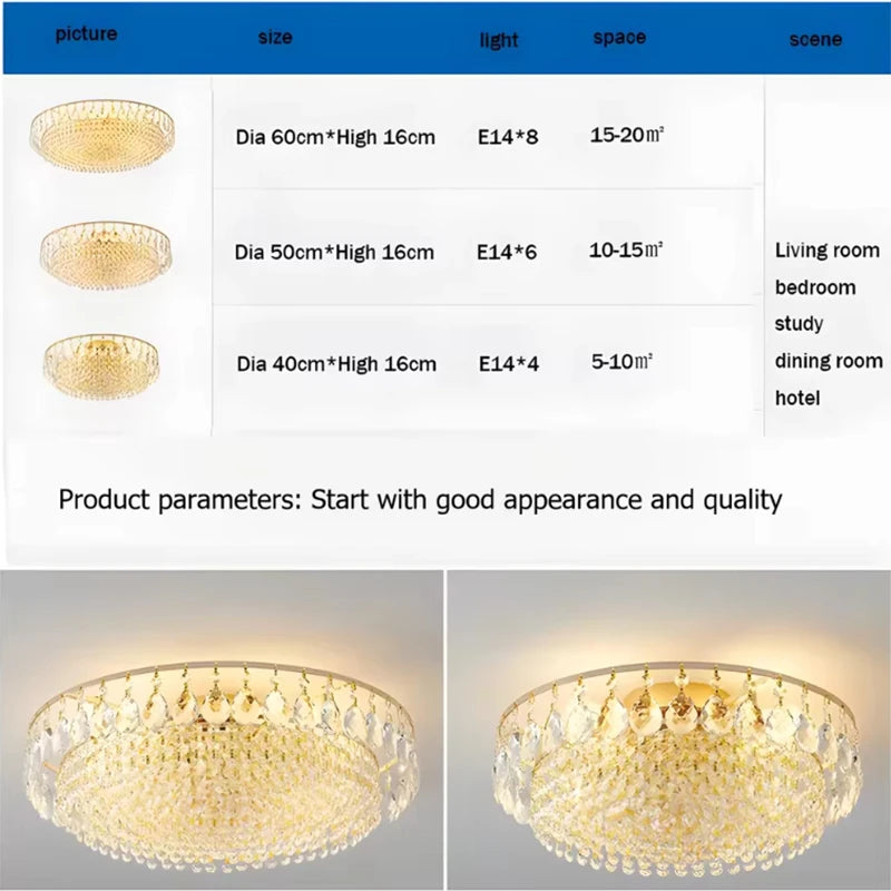 Luxury Crystal LED Ceiling Chandelier for Living Room, Gold Hanging Lamp Modern Home Decor Lustre