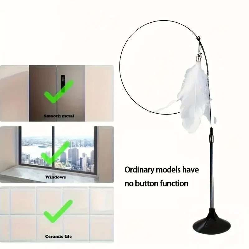 Interactive Cat Teaser Toy with Bell & Feather Wand, Long Suction Cup Pole for Playtime